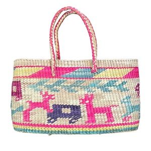 VINTAGE Woven Straw Handbag Purse w/ Lamas & Birds